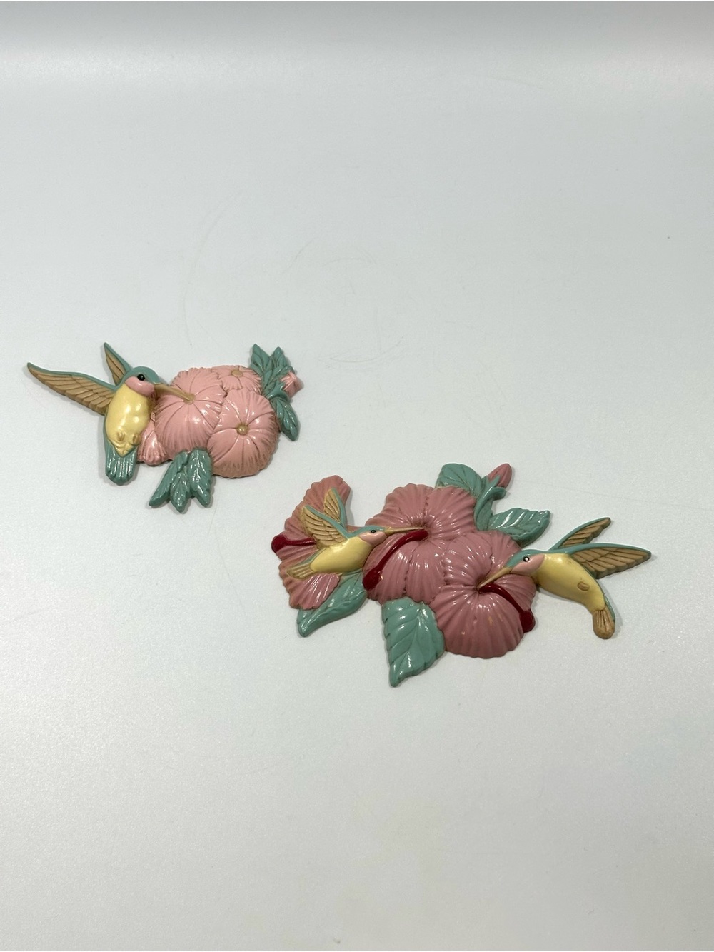 Vintage 1993 Burwood Hummingbird Hibiscus Wall Plaques Set Made in USA Tropical